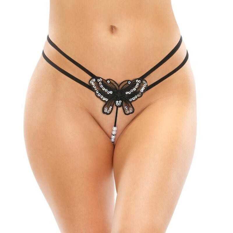 Bottoms Up - Zinnia Butterfly G-string With Pearls Black|LINGERIE