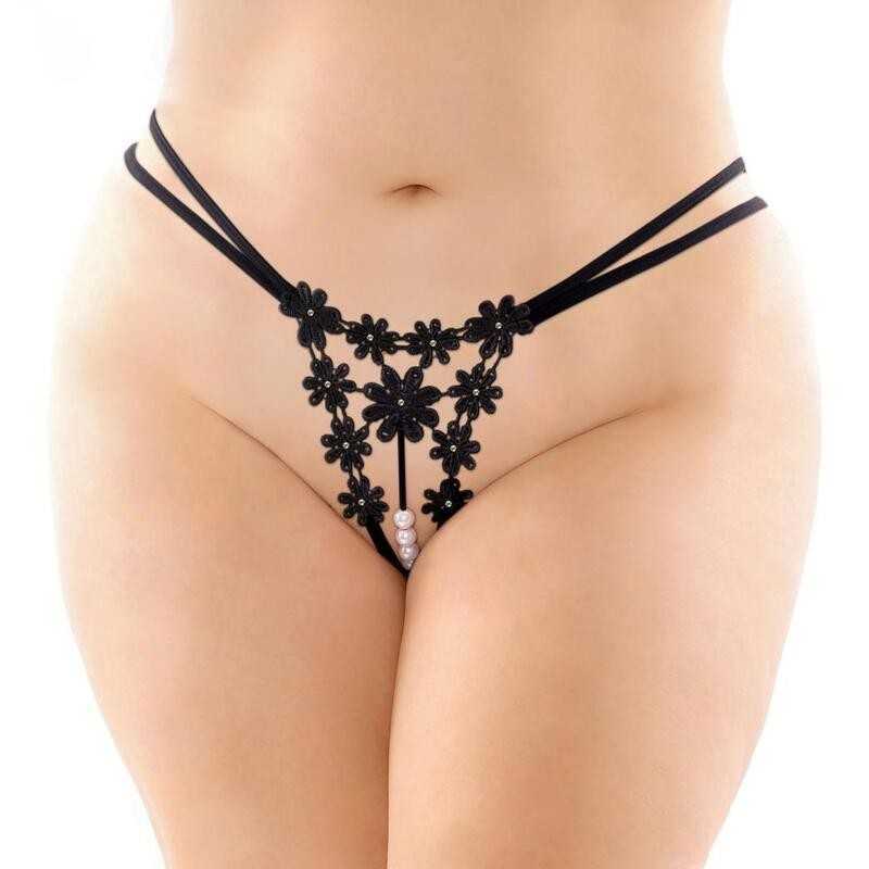 Buy Bottoms Up - Aster Crotchless Strappy Flower Pearl Thong Black Queen Size with the best price