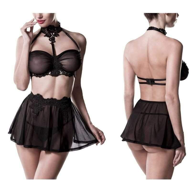 GREY VELVET - 3-pcs Erotic Set (Bralette, String, Skirt) 2XL/3XL