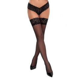 Cottelli - Black Hold-up Stockings With Wide Lace Trim Size-4|LINGERIE
