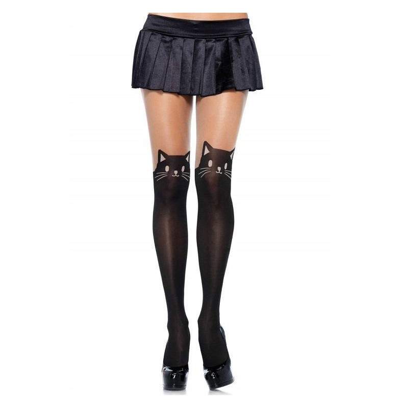 Leg Avenue - Pantyhose Opaque with Black Cat Print to The Knees One Size