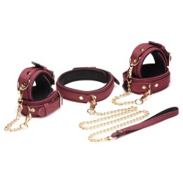 6-Piece BDSM Suede Cuff Set With Collar And Strap - Burgandy