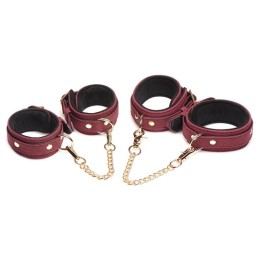 6-Piece BDSM Suede Cuff Set With Collar And Strap - Burgandy