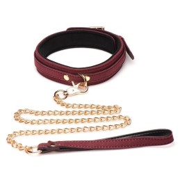 6-Piece BDSM Suede Cuff Set With Collar And Strap - Burgandy