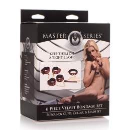 6-Piece BDSM Suede Cuff Set With Collar And Strap - Burgandy