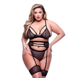 Baci Lingerie - 3-Piece Strappy Bra, Garter & Panty Set Black Queen Size