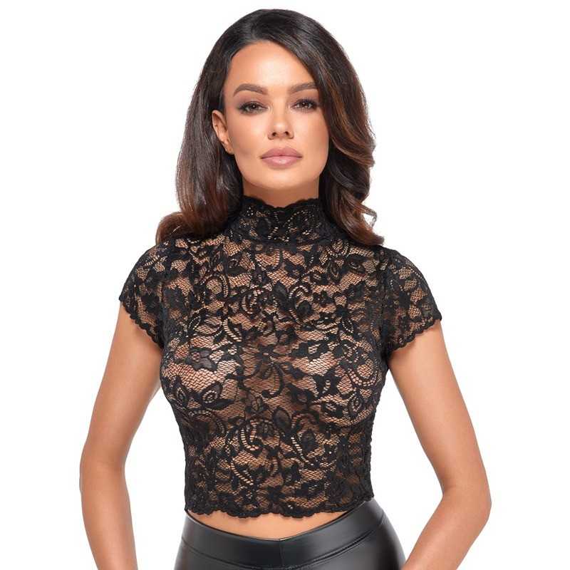 Noir Handmade - F303 Essence Lace Top With High Collar S