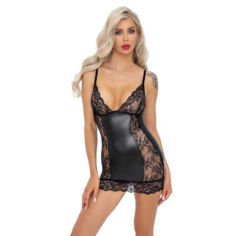 Noir Handmade - Short Powerwetlook Dress With Lace Panels And Chest M