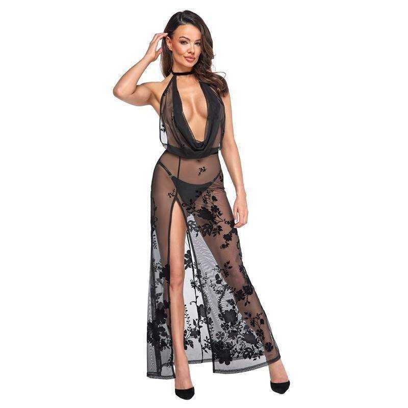 Noir Handmade - Divinity Long Flocked Mesh Dress With Open Back XL