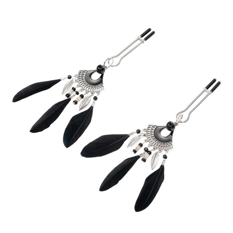 Nipple Clamps with Feathers Black & Silver